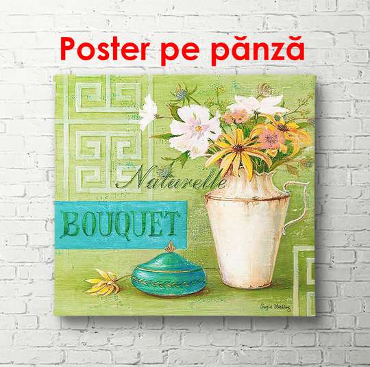 Poster - White vase with white flowers on a green background, 100 x 100 см, Framed poster