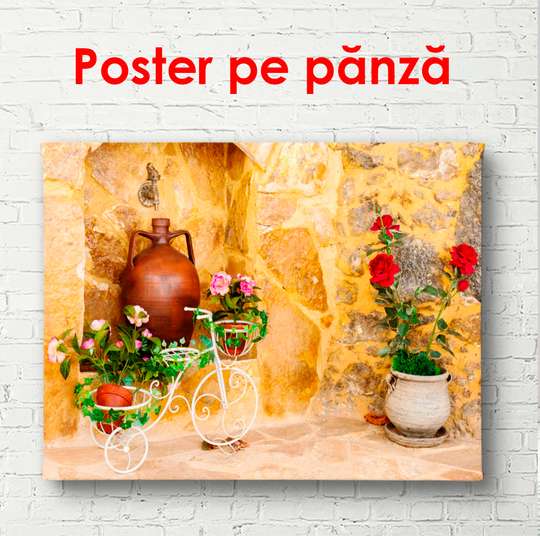 Poster - Street with flower pots, 90 x 60 см, Framed poster