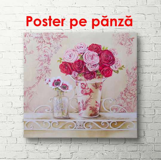 Постер - Розовые цветы в вазе на столе, 100 x 100 см, Постер в раме