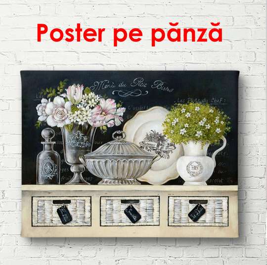 Poster - Vases with flowers on a white chest of drawers, 90 x 60 см, Framed poster