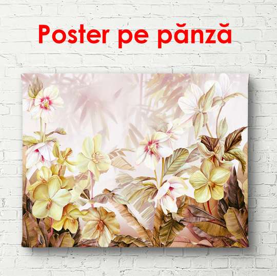 Постер - Золотистые цветы на бежевом фоне, 90 x 60 см, Постер в раме