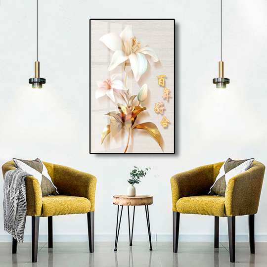 Poster, Floare de crin cu frunze aurii, 30 x 45 см, Panza pe cadru