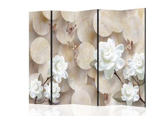 Ширма - Белые цветы и бабочки на трехмерном фоне, 7
