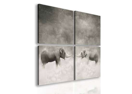 Tablou Pe Panza Multicanvas, Elefanți alb-negru., 120 x 120