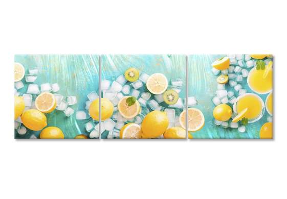 Модульная картина, Желтые лимоны на голубом фоне, 225 x 75