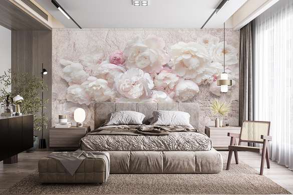Wall Mural - White flowers on a beige brick wall background