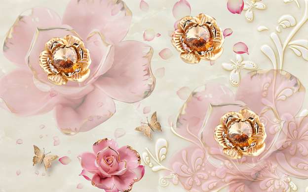 Fototapet - Trandafiri roz dintr-o broșă cu fluturi aurii