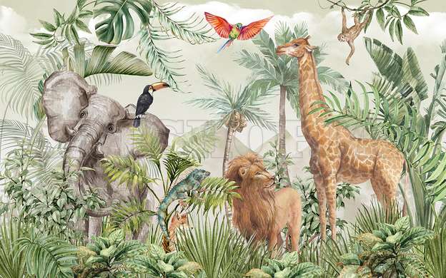 Wall mural - Safari animals in the jungle and exotic birds on a green background