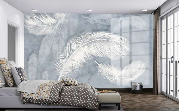 Wall Mural - Delicate feathers on a blue background