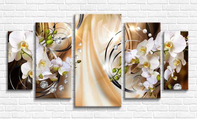 Modular picture, White orchids on an orange background, 108 х 60