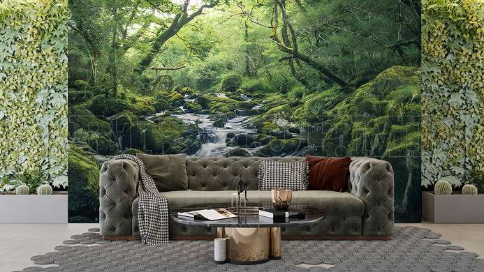 Wall mural - Rocky waterfall in the green forest