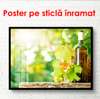 Poster - A bottle of wine on a barrel against the background of a vineyard, 90 x 60 см, Framed poster, Food and Drinks