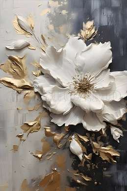 Poster - White flower with golden leaves, 30 x 45 см, Canvas on frame, Flowers