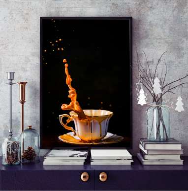 Poster - Splashes of coffee on a black background, 60 x 90 см, Framed poster on glass, Food and Drinks