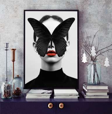 Poster - Fată și fluture, 30 x 45 см, Panza pe cadru, Alb Negru