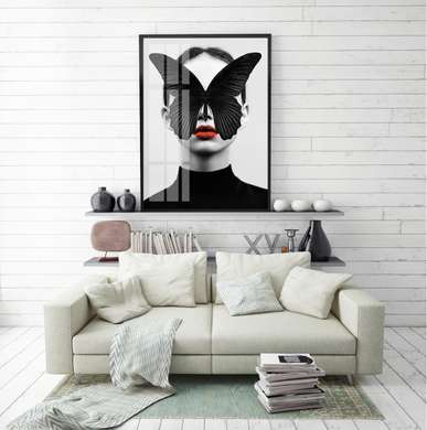 Постер - Девушка и бабочка, 30 x 45 см, Холст на подрамнике, Черно Белые