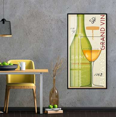 Poster - Sticla de vin cu un pahar pe masă, 45 x 90 см, Poster inramat pe sticla