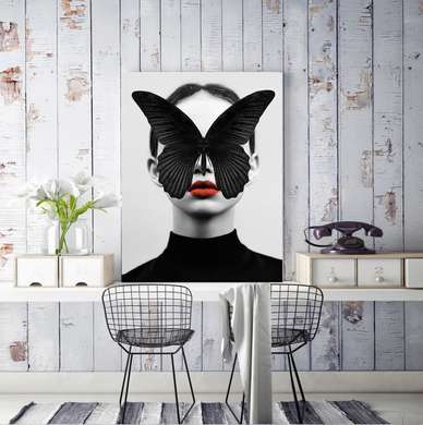 Постер - Девушка и бабочка, 30 x 45 см, Холст на подрамнике, Черно Белые