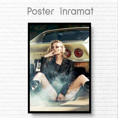 Poster - Girl next to the car, 30 x 45 см, Canvas on frame