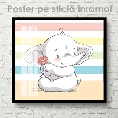 Постер - Милый слоник, 100 x 100 см, Постер на Стекле в раме, Для Детей