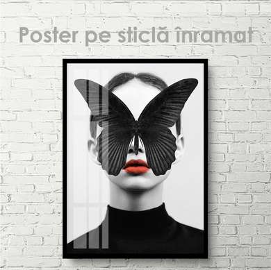 Poster - Fată și fluture, 30 x 45 см, Panza pe cadru, Alb Negru