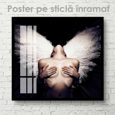 Постер - Девушка с белыми крыльями, 100 x 100 см, Постер на Стекле в раме, Ню