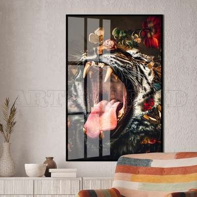 Poster - Fury of the tiger, 60 x 90 см, Framed poster on glass, Animals