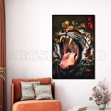 Poster - Fury of the tiger, 60 x 90 см, Framed poster on glass, Animals