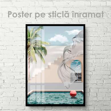 Poster - Piscină lângă hotel, 60 x 90 см, Poster inramat pe sticla