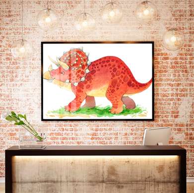 Постер - Динозавр в акварели 2, 90 x 60 см, Постер на Стекле в раме, Для Детей