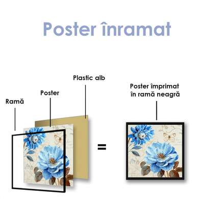 Постер - Голубой винтажный цветок, 100 x 100 см, Постер на Стекле в раме, Прованс
