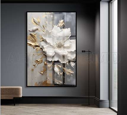 Poster - White flower with golden leaves, 60 x 90 см, Framed poster on glass, Flowers