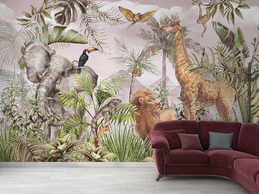 Wall mural - Safari animals in the jungle and exotic birds on a pale pink background