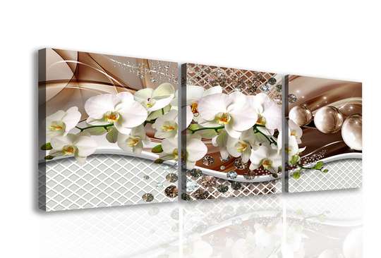Модульная картина, Букет белых орхидеи на трехмерном фоне, 225 x 75