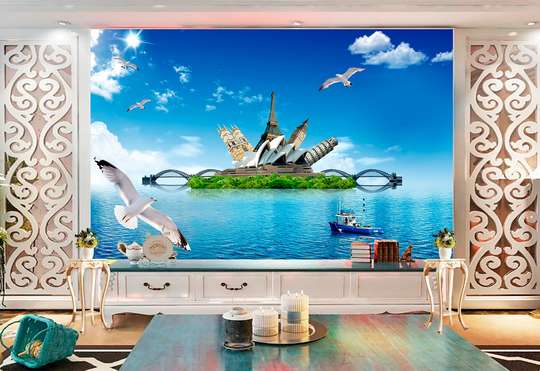 Wall Mural - Green island in the sea and birds in the sky