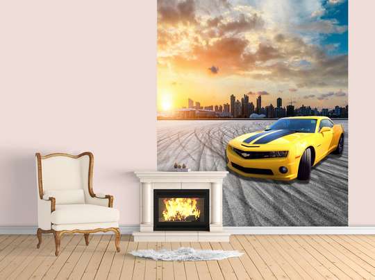 Фотообои - Желтый автомобиль на закате