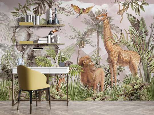 Wall mural - Safari animals in the jungle and exotic birds on a pale pink background