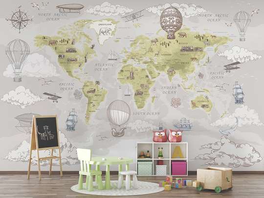 Wall Mural - World map vintage style, yellow gray colors, in English