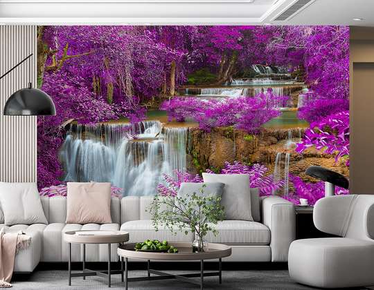 Фотообои - Скалистый водопад в фиолетовом лесу
