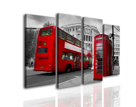 Tablou Pe Panza Multicanvas, Autobuzul roșu și cabinele telefonice, 198 x 115, 198 x 115