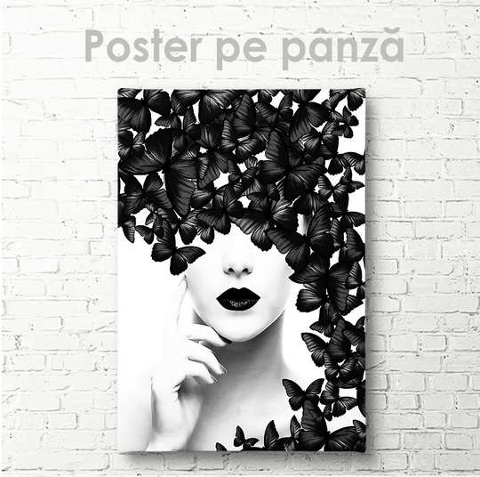 Poster - Lady printre fluturi negri, 30 x 45 см, Panza pe cadru