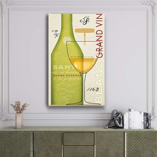 Постер - Бутылка вина с бокалом на столе, 45 x 90 см, Постер в раме, Прованс