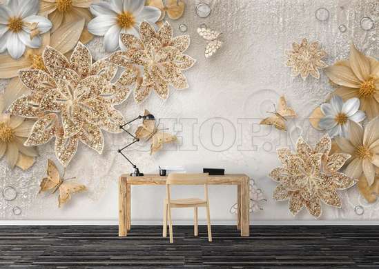 Wall Mural - White and gold flowers on a white background