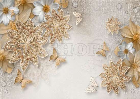 Fototapet - Flori albe și aurii pe un fundal alb