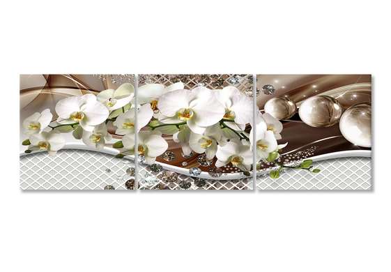 Tablou Pe Panza Multicanvas,Buchet de orhidee albe pe un fundal tridimensional, 225 x 75