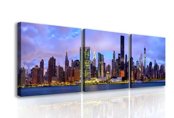 Модульная картина, Пурпурный закат над мегаполисом, 135 x 45