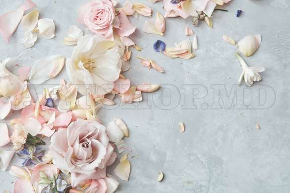 3D Wallpaper - Delicate pink flowers on a blue background.
