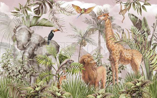 Wall mural - Safari animals in the jungle and exotic birds on a pale pink background