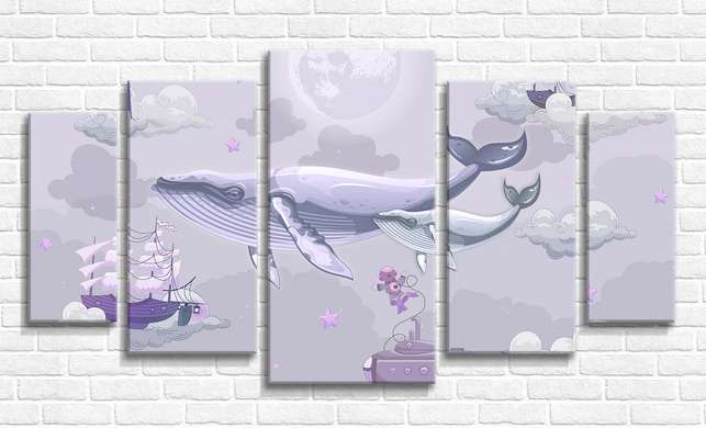 Модульная картина, Морские киты и корабли в сиреневых тонах, 108 х 60