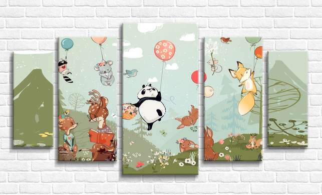 Tablou Pe Panza Multicanvas, Animale drăguțe pe baloane, 206 x 115
